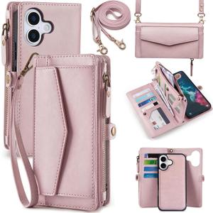 Compatible with iPhone 17 6.3" Wallet Case with RFID Blocking Card Holder for Women, PU Leather Flip Zipper Wallet Detachable Magnetic Phone Case Crossbody Strap, Pink