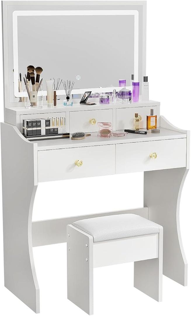 Vanity Desk, Makeup Vanity with Mirror and Lights, 80cm Vanity with Stool