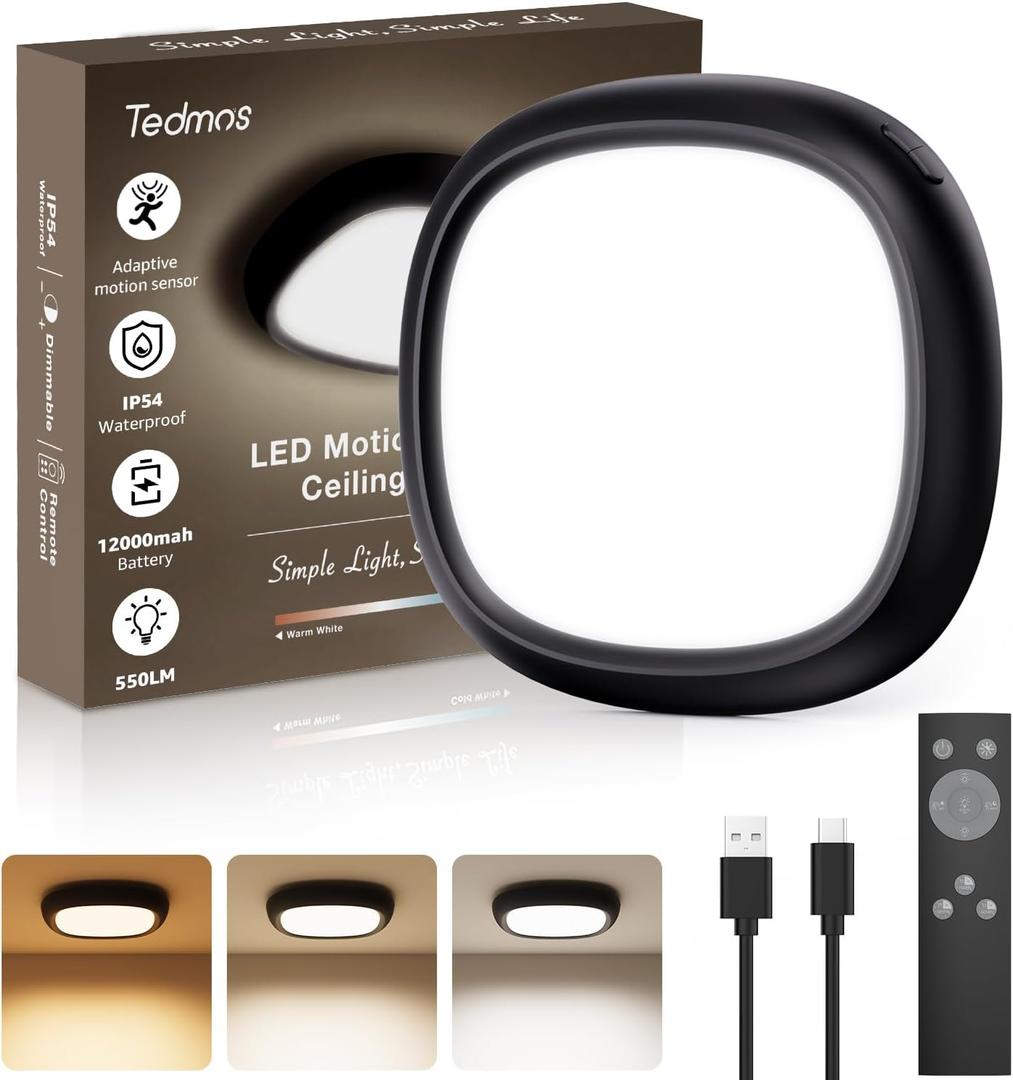 Tedmos Motion Sensor Rechargeable Ceiling Light with Remote, 12000mAh Wireless Shower Lights for Inside Shower, Battery Operated Closet Light Sensored LED Overhead Lighting No Wiring for Hallway Garage