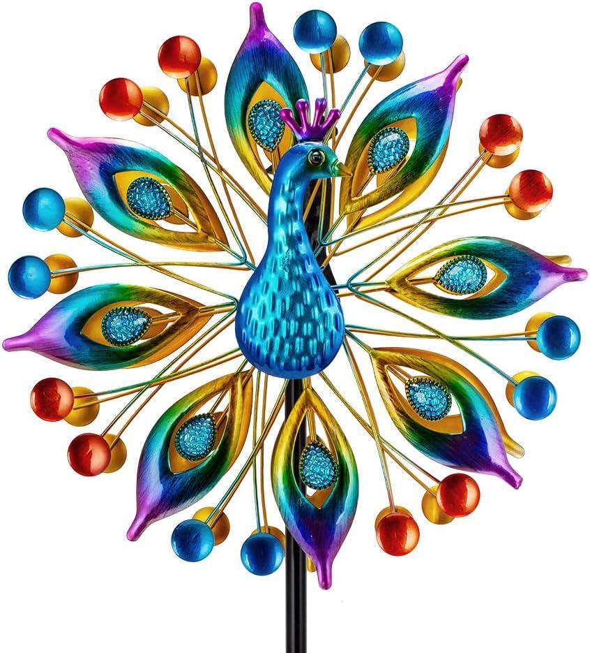 Peacock Outdoor Wind Spinner, 64 Inch Double Wind Sculpture,Waterproof Wind Sculptures & Spinners, Metal Windmill for Garden Yard Patio Decoration (13-Yellow)