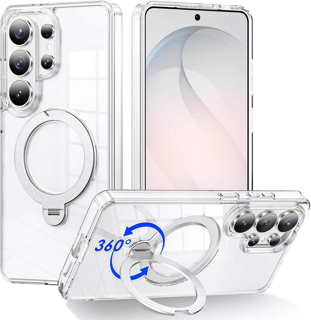 Designed for Samsung Galaxy S26 Ultra Case with Magnetic Stand, Clear Case [Military Drop Protection][Great Grip Feeling] Slim Shockproof Phone Cover for S26 Ultra, White