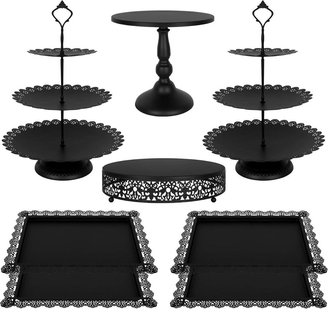 Fivenl 8 Pcs Cake Stand Black Metal Dessert Table Display Set, 3-Tier Cupcake Stand, Cake Display Tower and Cookie Tray Rack Serving Tray for Birthday Party, Weddings, Baby Shower (Black)