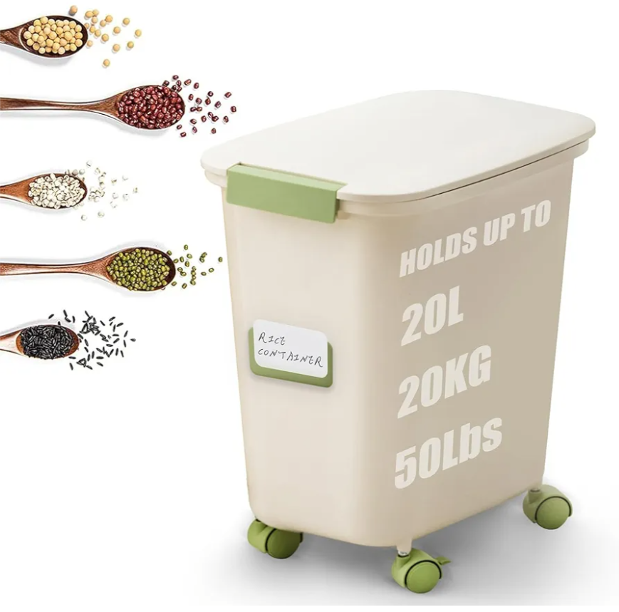 Large Rice Storage Container 30-40 lbs, Airtight Dry Food Storage Bin with Lids, Great for Pet/Cat/Dog Food Storage Dispenser 25 lbs, Detachable wheels, Easy Mobility, BPA Free, Green