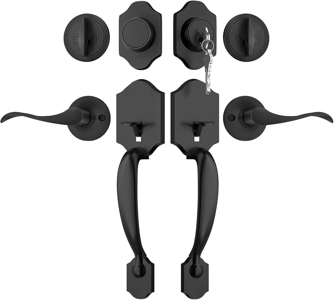 Haidms Matte Black Double Door Handle with Deadbolt, Black Front Door Lock Set, Heavy Duty Double Lock Door Handleset with Dummy, Double Front Door Hardware Set with Reversible Handle Lever