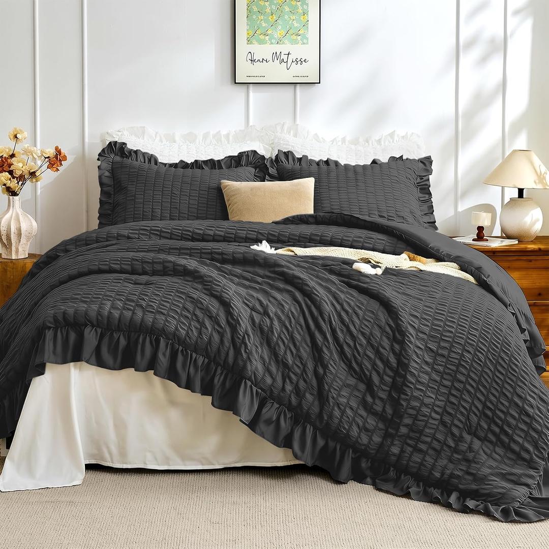 JOLLYVOGUE Black Comforter Full Size, 3 Pieces Seersucker Lightweight Full Size Bedding, All Season Fluffy Microfiber Bedding Comforter Set with 1 Ruffle Comforter and 2 Ruffle Pillowshams