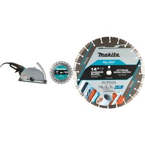 Makita 4114X 14" SJS Electric Angle Cutter, with 14" Diamond Blade with E-23341 14" All-Cut Diamond Blade, Segmented, General Purpose