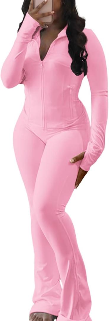 Ophestin Women 2 Piece Outfits Fall Long Sleeve Zip Up Jacket Flare Legging Workout Sets with Pockets Tracksuit Active (Small, Typeh-pink)