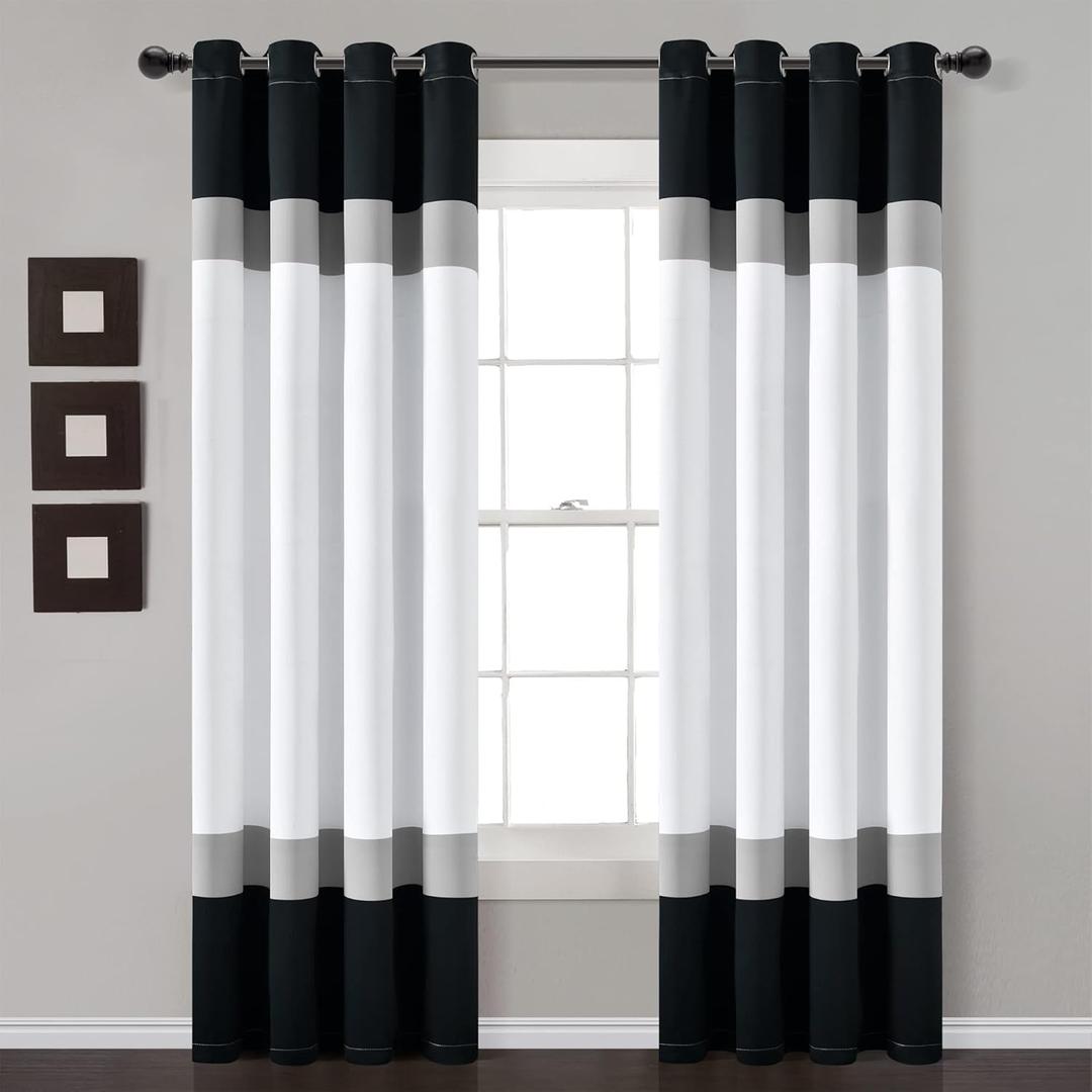 Lush Decor Alexander Color Block Light Filtering Window Curtain Panel Pair, 52"W x 84"L, Black & Gray