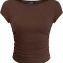 ZESICA Women's Summer Boat Neck Short Sleeve T Shirts 2026 Spring Slim Fit Y2k Going Out Crop Tops Basic Trendy Outfits (Brown, S)