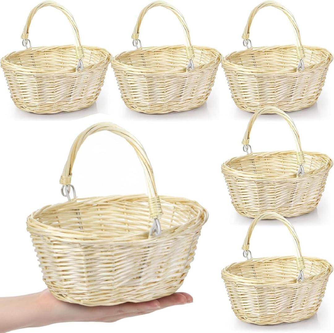 Barydat 6 Pcs Small Wicker Picnic Basket with Handle Flower Girl Baskets Oval Willow Woven Braided Gift Basket for Wedding Baby Shower Christmas Winter Home Garden Decor(9" X 7" X 4",Beige)