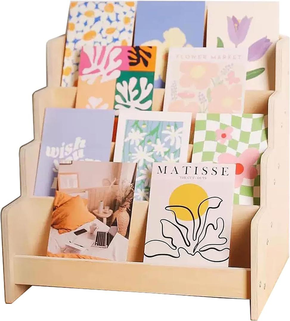 Greeting Card Display Stand Holder, 4-Tier Wooden Organizer Rack for Retail Stores, Postcards, Stickers, Stationery