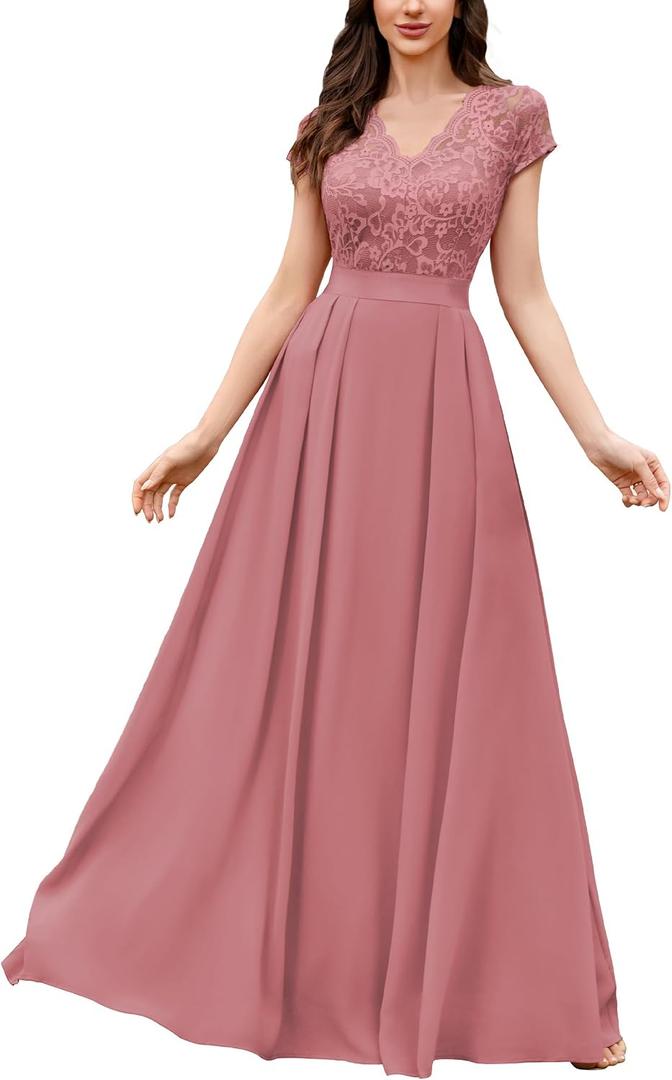 Miusol Women's Elegant Floral Lace Formal V Neck Bridesmaid Party Dress (Pink, M)