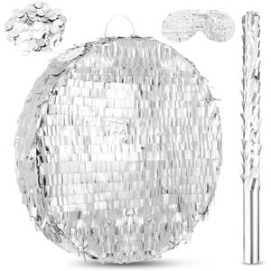 Jenaai Disco Ball Large Piata 16 Inch, Round Blank Disco Piata with Stick Blindfold and Confetti for Adults and Kids' Birthday Parties, Carnivals New Year Decorations Supplies(Shiny Silver)