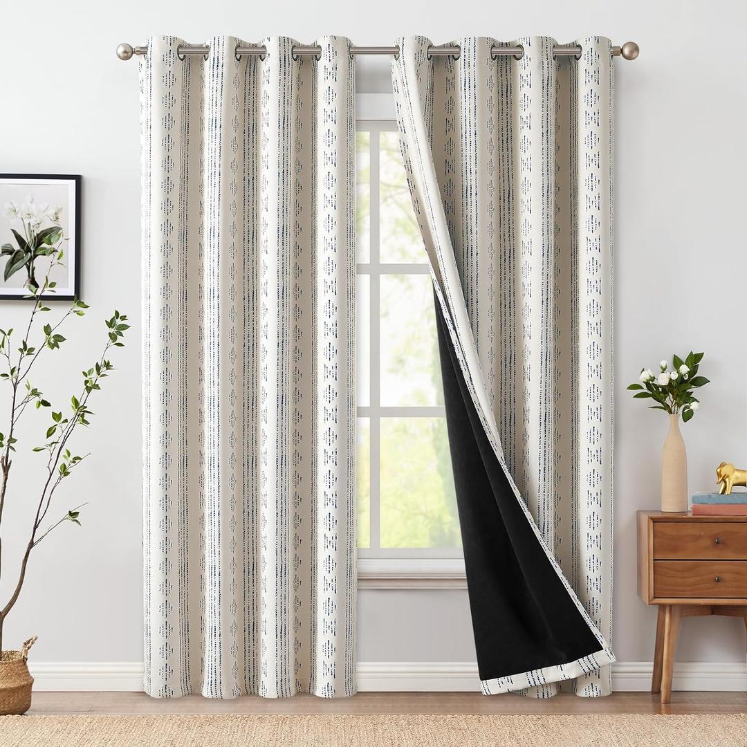 jinchan 95% Blackout Boho Curtains 84 Inches Long for Bedroom Living Room Blue on Beige Geometric Printed Grommet Top Room Darkening Thermal Insulated Window Drapes 2 Panels