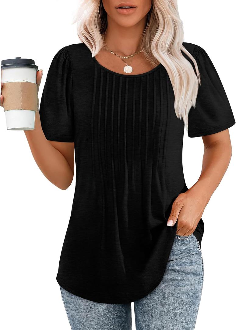 OFEEFAN Womens T Shirts Short Sleeve Pleated Dressy Casual Scooped Neck Summer Tops Blouses 3XL