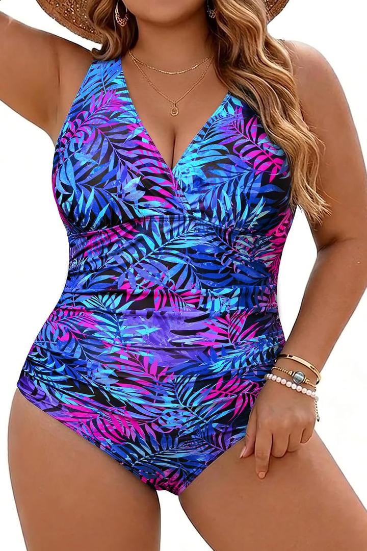Aqua Eve Women Plus Size One Piece Swimsuits Tummy Control Bathing Suits V Neck Ruched Swimwear Blue Purple Tropical Leaves 18W