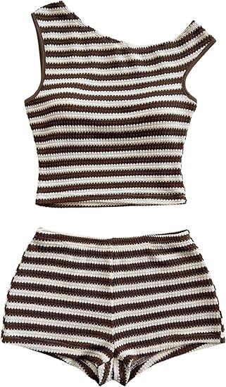 SOLY HUX Women's 2 Piece Striped Off The Shoulder Crop Tops and Mini Shorts Set Summer Y2K Going Out Outfits M