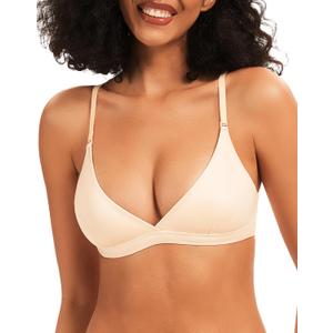 Triangle Bralette Crossover Deep V Bra, Unlined Bras for Women Seamless Bralette Sexy Low Cut Bra Wireless No Padding (Large, Nude)