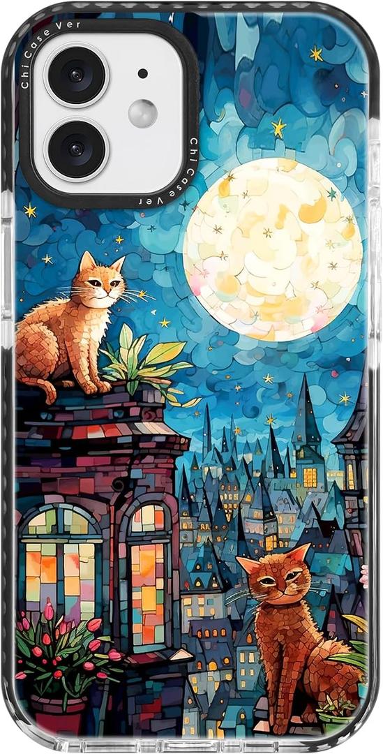 for iPhone 12 mini Case, Starry Night Cats on Rooftop Pattern, Military-Grade Drop Protection, Magical Fantasy Soft Slim TPU Protective & Camera Protection for Women & Girls (CatGlass)