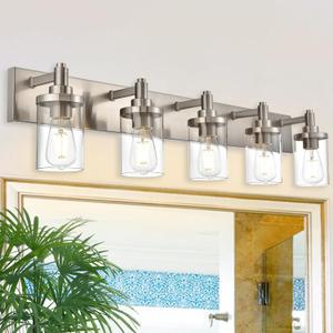5 Lights Vanity Wall Light Fixtures Over Mirror, Modern Bathroom Light with Clear Glass Shade, Brushed Nickel Farmhouse Wall Sconce Lighting for Bathroom Mirror Kitchen Porch Living Room