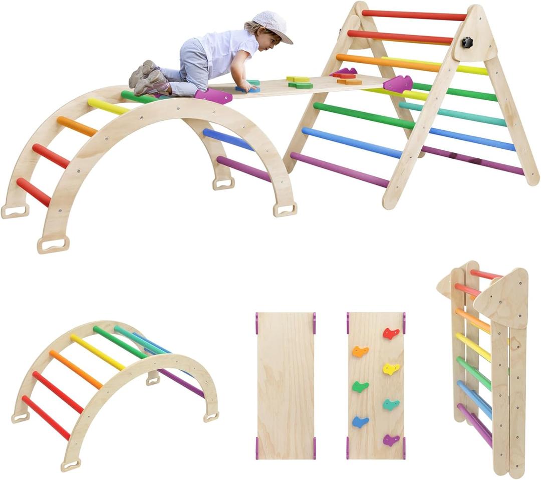 EDOSTORY 5 in 1 Pikler Triangle Set, Indoor Playground and Gym for Kids, Foldable Wooden Montessori Climbing Set Triangle Ladder Set with Slide and Climbing Ramp, Gift for Boys Girls(Rainbow)