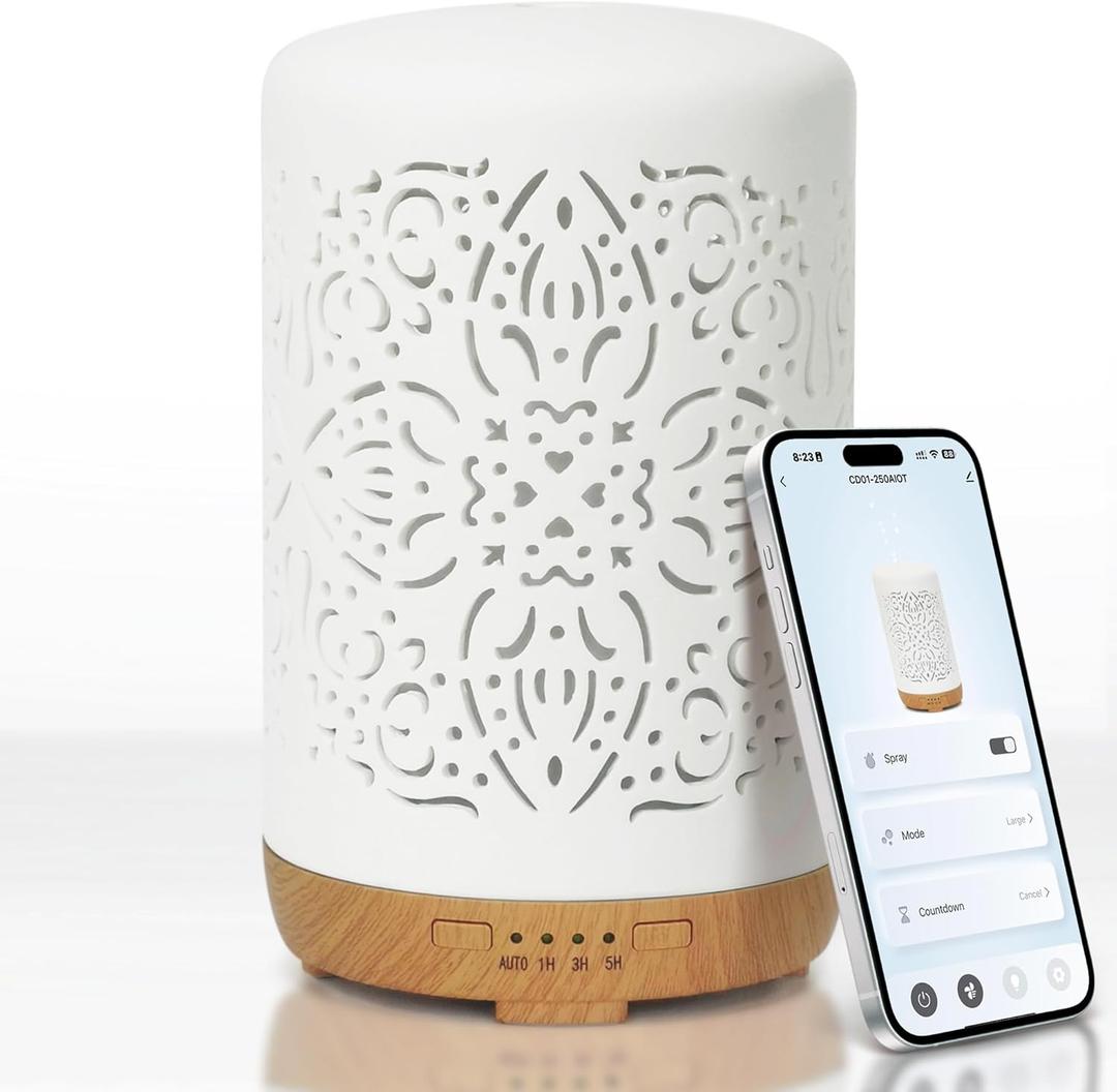 Earnest Living Smart Wifi Essential Oil Diffuser White Ceramic Diffuser 250 ml with Alexa Google Home App Phone Control LED and Auto Off Office Humidifier Aromatherapy Diffusers for Essential Oils (Smart Wifi White)