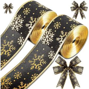 2 Rolls 40 Yards Christmas Snowflake 2.5 Inch Black & Gold Wired Glitter Ribbon for Tree & Party Decoration