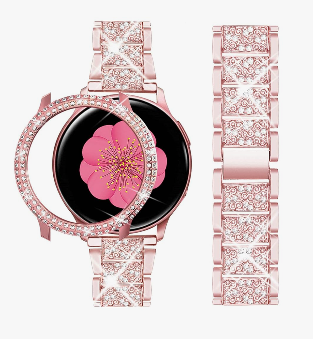 Compatible for Samsung Galaxy Watch Active 2 Band 40mm 44mm + Case, Women Replacement Strap& Full Around PC Bumper