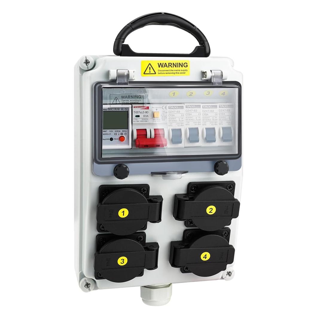 Power Distribution Box, 110V Electricity Meter Electrical Box with NEMA 5-20 Power Outlet Pane,IP54 Electrical Breaker Socket Distribution Box for Construction Sites, workshops and Factories
