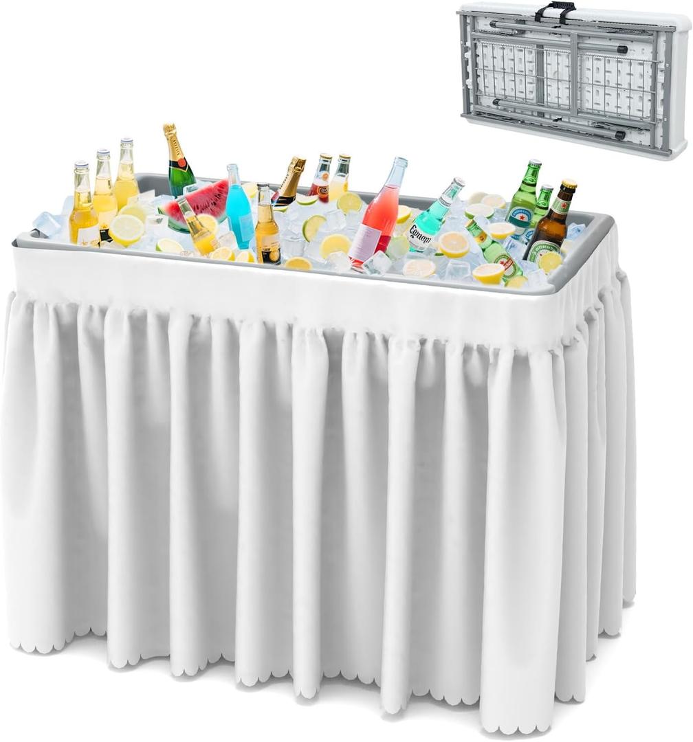 Folding Ice Cooler Table, Skirt &Drain Hose Plastic Chill Table to Keep Drinks Cool, Portable Foldable Self-Serving Beverage Cooling Bar for Parties, Picnics, Barbecues, Fishing (White)