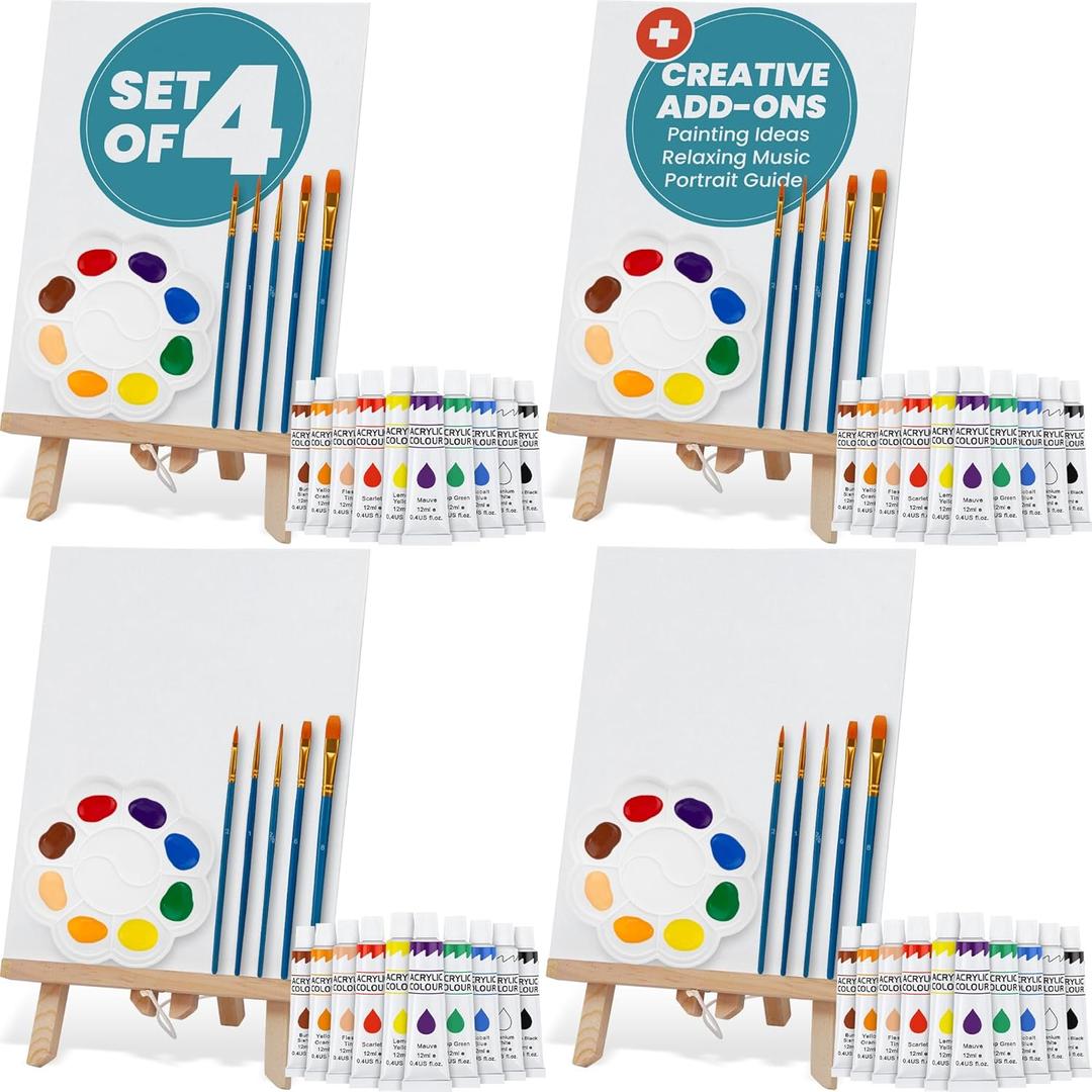 CraftyCrocodile Set of 4 Painting Kits for Adults and Couples - Sip and Paint Kit for Date Night and Crafts - Acrylic Painting Kit with Canvas Boards and Easels - Couple Art Set for Starters