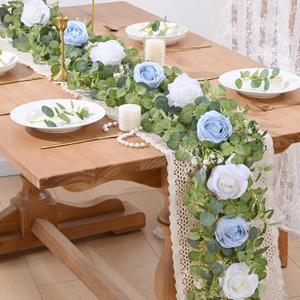 Waipfaru 2Pcs Artificial Eucalyptus Garland with Flowers, 6.07FT Fake Rose Greenery Floral Vines for Wedding Table Backdrop Party Centerpiece Room Decor (Blue)