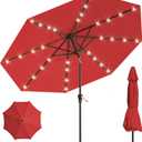 9FT Solar Umbrella 32 LED Lighted Patio Umbrella Table Market Umbrella w/Tilt and Crank, UV-Resistant Outdoor Umbrella for Pool, Garden, Deck, Red