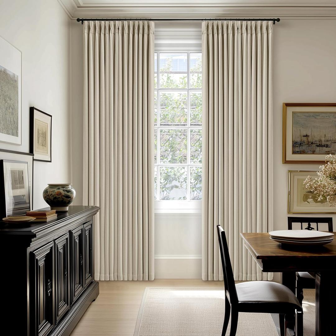 Oatmeal Pinch Pleated 100% Blackout Linen Curtains 100 Inch Length 2 Panels Pinch Pleat Curtains Black Out Light Blocking Room Darkening Drapes with Liner for Bedroom Living Room Window Cream Beige