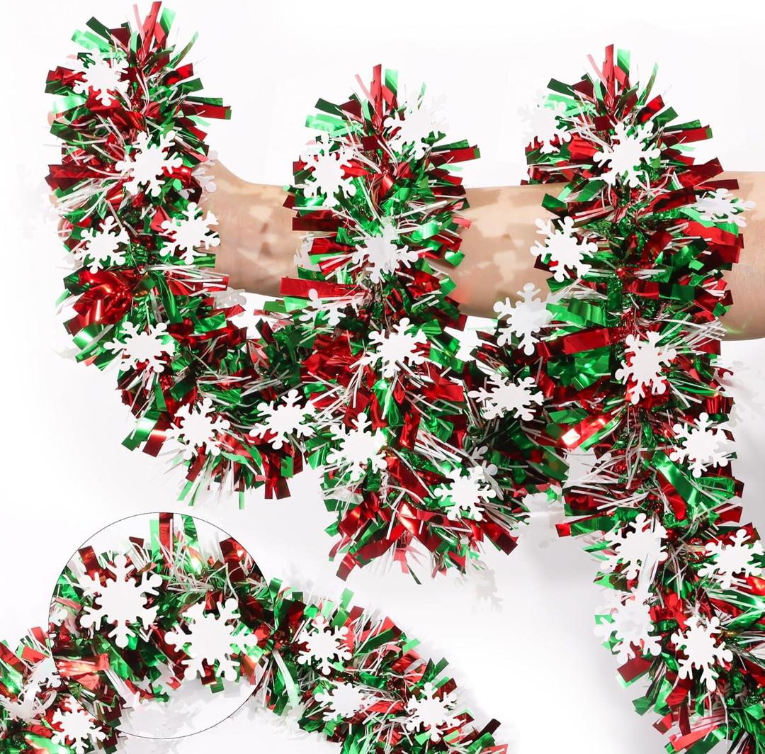 50FT Red Green White Christmas Tinsel Garland with Snowflake Ornaments Metallic Shiny Xmas Garland for Christmas Tree Decoration Holiday Hanging Garlands Indoor Outdoor Home Office Party Holiday Decor
