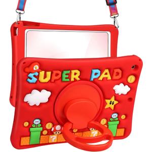 Cute Case for iPad 9th/8th/7th Generation - Silicone 3D Design for Girls Women Girly Kawaii Funny Cartoon Soft Stand for iPad Case 9th/8th/7th Generation with Lanyard 10.2 Inch, Red Maliao