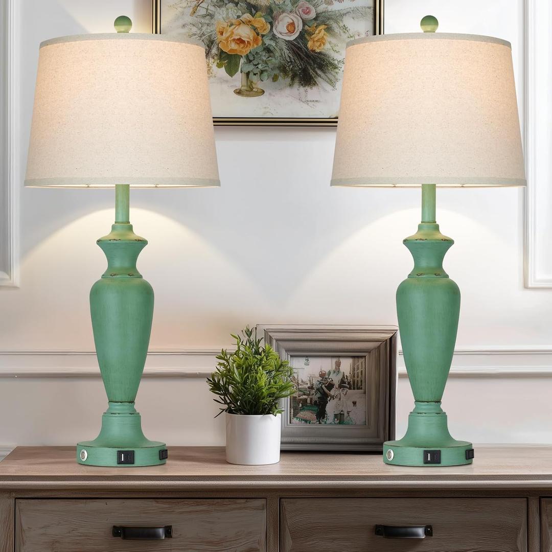 30" Tall Metal Table Lamps Set of 2, Touch Control Bedside Lamps for Bedroom Nightstand, 3-Way Dimmable Farmhouse Lamp for Living Room with Charging Ports, Retro Green (2 LED Bulbs Included)