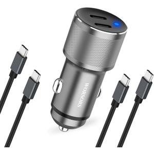 Dual 45W USB C Car Charger, 90W Max Super Fast Charging, All Metal 12V Cigarette Lighter Adapter for iPhone 17 Pro Max/16/15/iPad, Samsung Galaxy S25/S24, Google Phones with 2 Type C Cable 3.3ft Gray