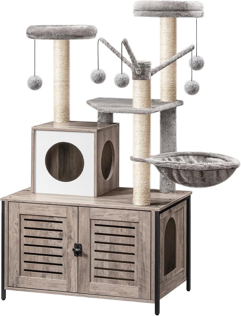 HOOBRO Cat Tree with Litter Box Enclosure, 27.6" L x 18.9" W x 52" H, All-in-One Wooden Cat Tower, Cat Furniture for Indoor Cats, Cat Condo with Hammock, Detachable Teaser Sticks, Greige BG14MZ03