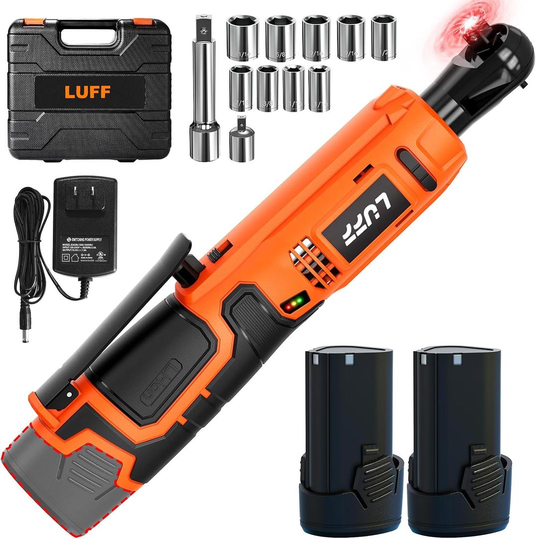 LUFF Cordless Electric Ratchet Wrench Kit, 3/8" 12V Power Ratchet Tool Set, 50N.m Variable Speed Trigger with 2 2000mAh Lithium-Ion Batteries, Fast Charge, 11 Sockets