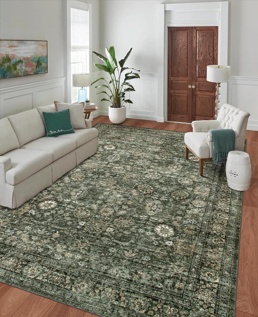 Morebes Vintage Dark Green Living Room Rug, 9x12 Area Rug Large Washable Rugs for Bedroom, Soft Dining Room Carpet Non-Slip Non-Shedding Throw Rug for Farmhouse Indoor Kids Playroom