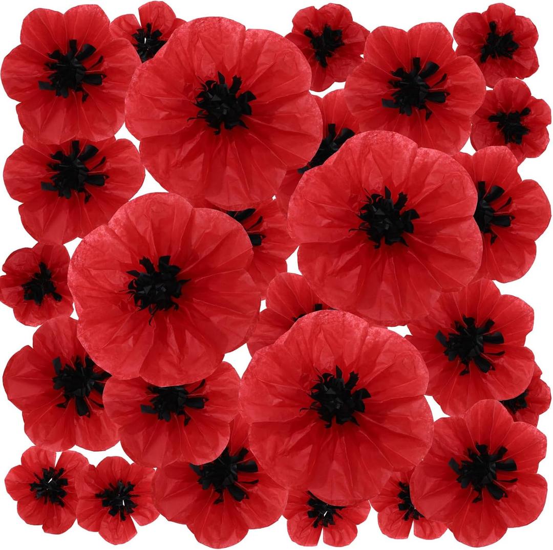 WILLBOND 30 Pcs Halloween Artificial Red Poppy Flowers Large Poppies Fake Flowers for Wicked Birthday Veterans Day Carnival Back to School Party Backdrop (6,8,12 Inches)