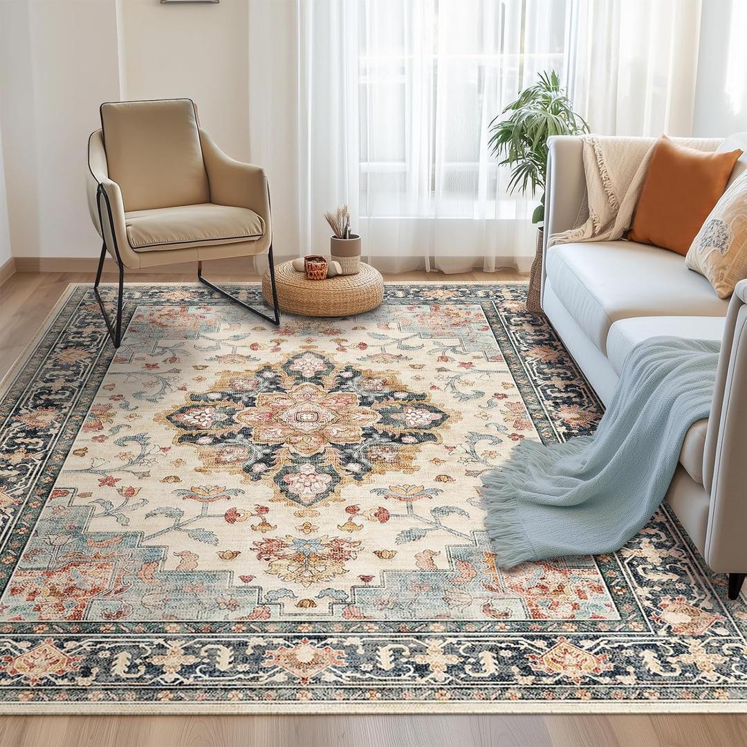CAPALOCA Machine Washable Rugs Nursery Rug 5x7 Cute Girl Non Slip Low Pile Water Repellent Soft Print Pattern for Bedroom Indoor Decor Kids Playroom Bluebeige