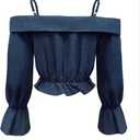 SweatyRocks Women's Cold Shoulder Wrap Crop Blouse 3/4 Length Sleeve Ruffle Hem Dressy Shirt Tops (Blue, XL)