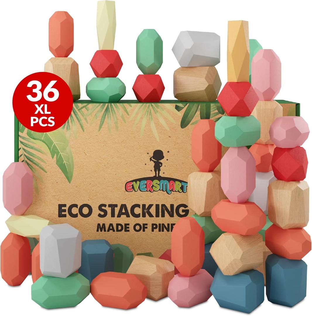 EVERSMART 36 Pcs Wooden Stacking Blocks  Montessori Toys for 1 2 3 4 5 6 Year Old Toddlers and Kids, XL Rocks, No Choking Hazard  Sensory STEM Building Stones, for Girls and Boys
