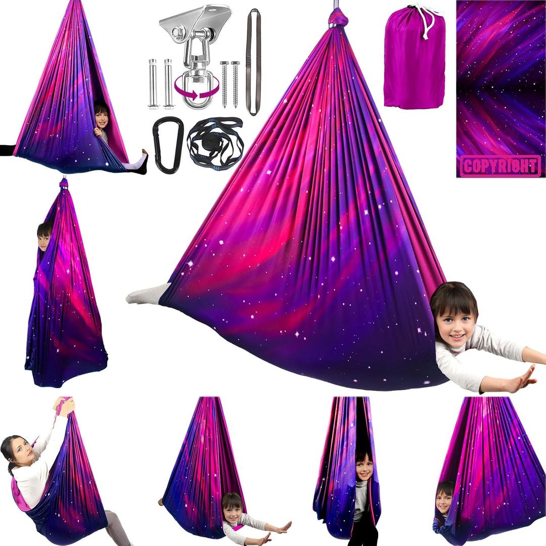 Double Layer Sensory Swing for Kids & Adults Holds up to 300lbs Indoor and Outdoor Therapy Cuddle Swing with 360 Swivel Hanger Kit Adjustable with Aspergers Autism ADHD (Galaxy Purple)
