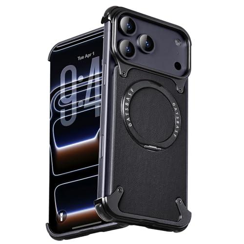 OATSBASF Frameless for iPhone 17 Pro Case, Sleek Minimalist Protective Shock Absorption Aerospace Grade Shells with 360° Rotating Kickstand, Leather-Black