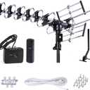 Five Star Outdoor HD TV Antenna Strongest Up to 200 Miles Long Range with Motorized 360 Degree Rotation, UHF/VHF/FM Radio Infrared Remote Control with Installation Kit and Jpole