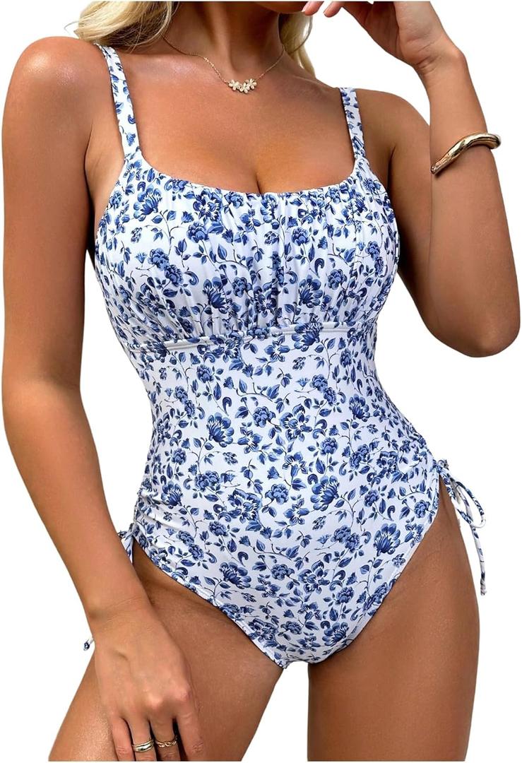 Floerns Women's One Piece Swimsuits Floral Ruched Bust Tummy Control Bathing Suit (X-Large, Blue and White)