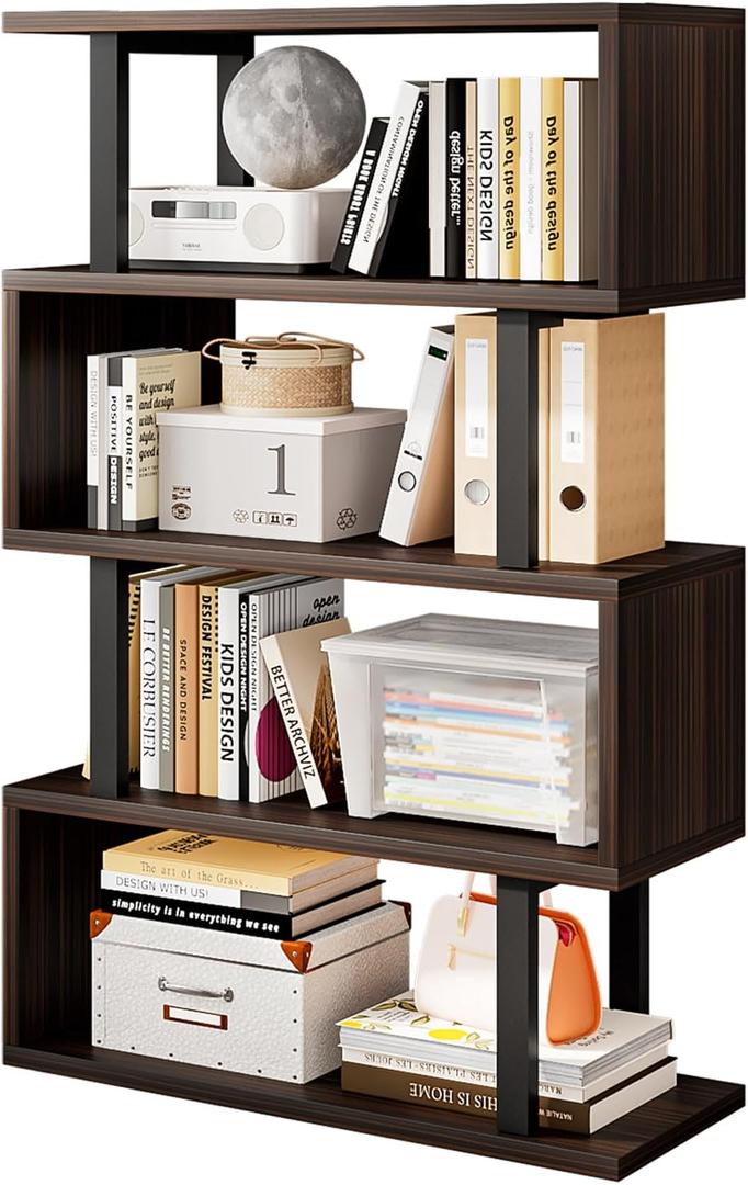 SORCEDAS Bookshelf Geometric Bookcase S Shaped Industrial Bookshelf Storage Display Stand Shelf for Living Room Bedroom and Office Room (Black, 4 Tier)